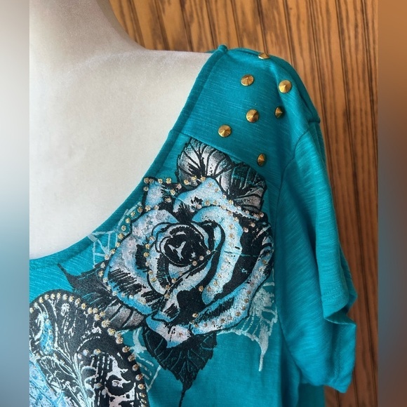 blue rose embellished short sleeve top size XXL - Picture 13 of 16